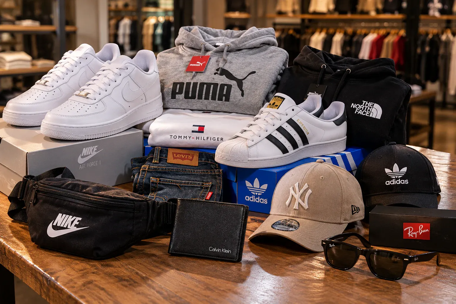 Exhibidor con tenis, sudaderas, jeans, gorras, cangurera, cartera y lentes de sol importados