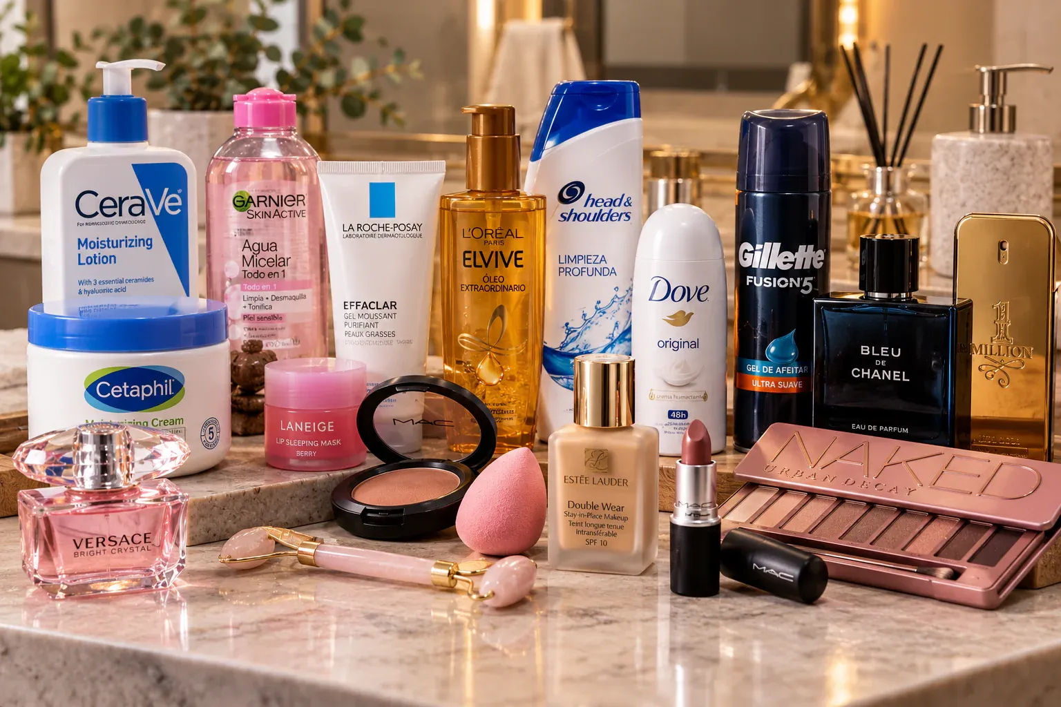 Cosméticos y cuidado personal: cremas, shampoo, perfumes, maquillaje, labial y paleta de sombras