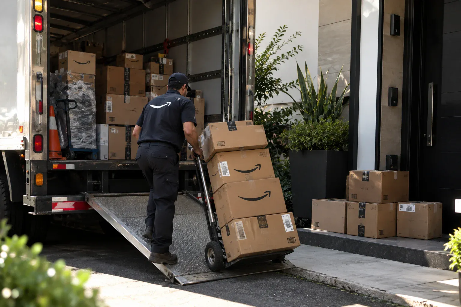 Repartidor bajando cajas de un camión para entregarlas en la puerta de una casa