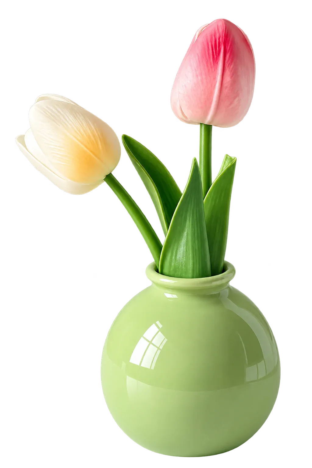 Jarrón verde brillante con tulipanes blanco y rosa