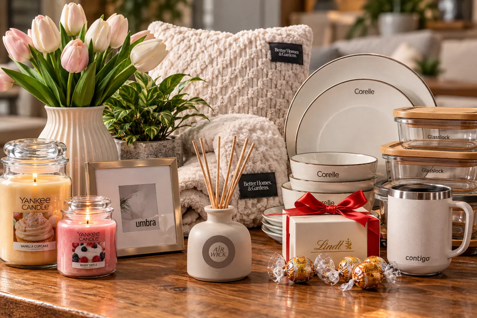 Artículos para el hogar: velas, tulipanes, cojín, vajilla, difusor, portarretratos, taza térmica y chocolates de regalo
