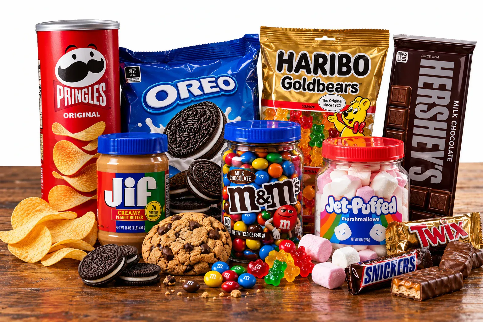 Mesa con snacks y dulces importados: papas, galletas, gomitas, chocolates y malvaviscos